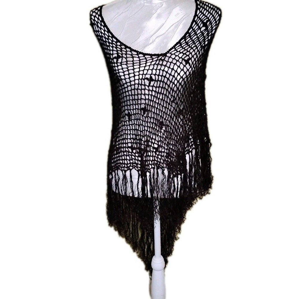 90s Y2K Black Fine Crochet Fringe Poncho Whimsigoth Witchy Women’s LG/XL Vampy